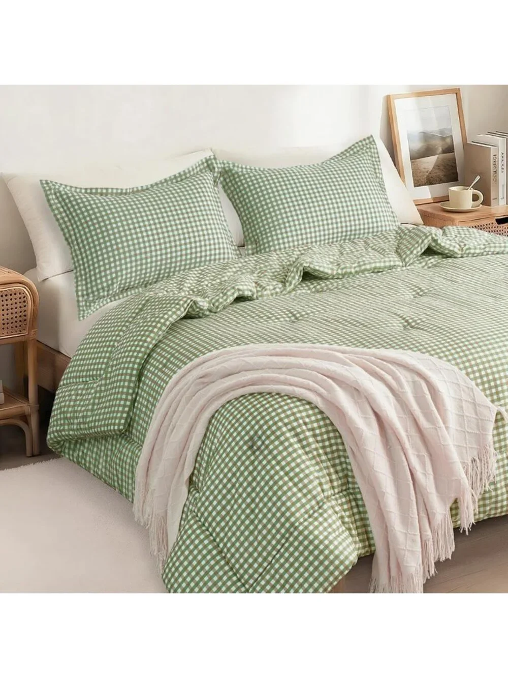 Cozy Twin XL Comforter Set, Fluffy Green Gingham Plaid Bedding, 3-Piece Set